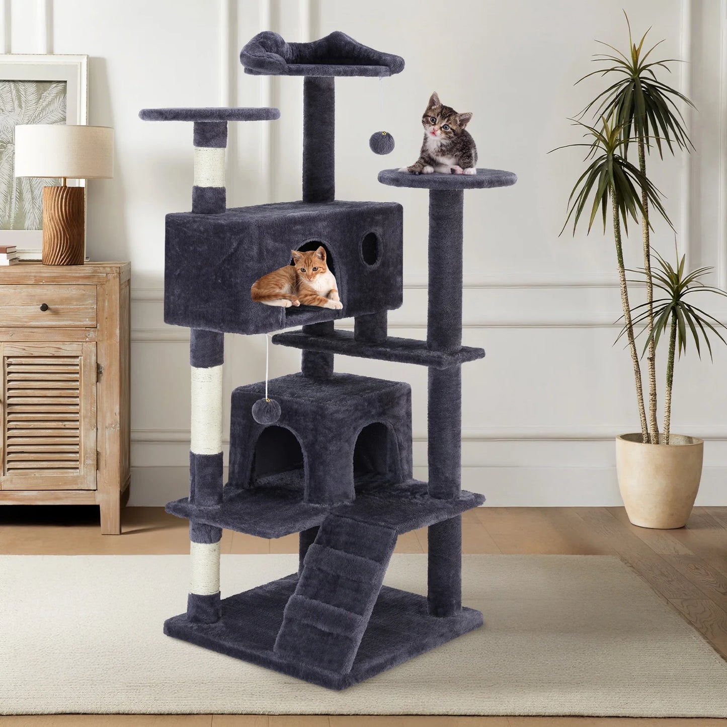 54-Inch Cat Tower with Large Condo, Climbing Ladder, and More Cat Stuff, Grey