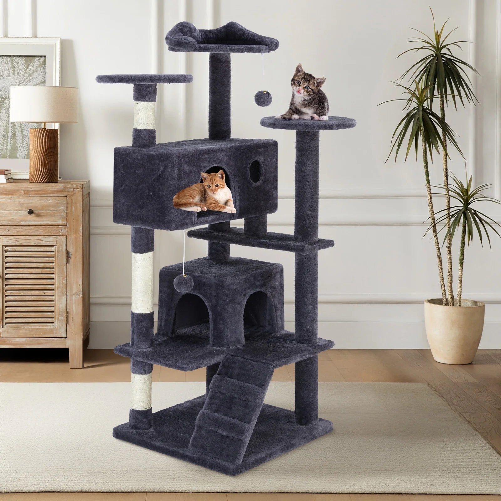 54-Inch Cat Tower with Large Condo, Climbing Ladder, and More Cat Stuff, Grey