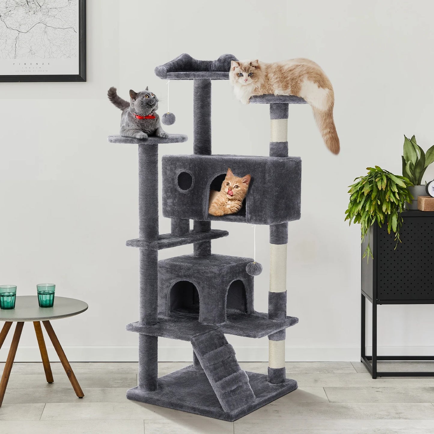 54-Inch Cat Tower with Large Condo, Climbing Ladder, and More Cat Stuff, Grey