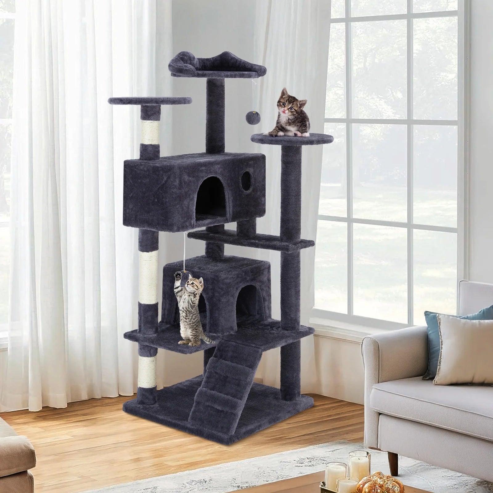 54-Inch Cat Tower with Large Condo, Climbing Ladder, and More Cat Stuff, Grey