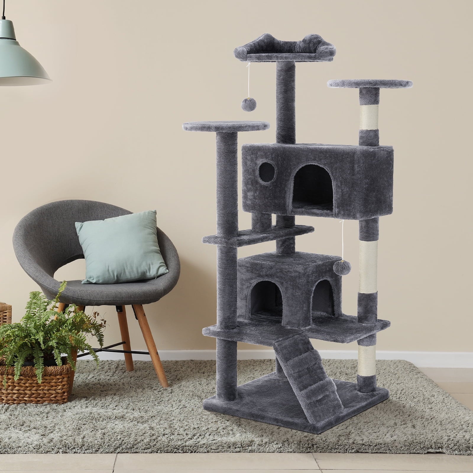 54-Inch Cat Tower with Large Condo, Climbing Ladder, and More Cat Stuff, Grey