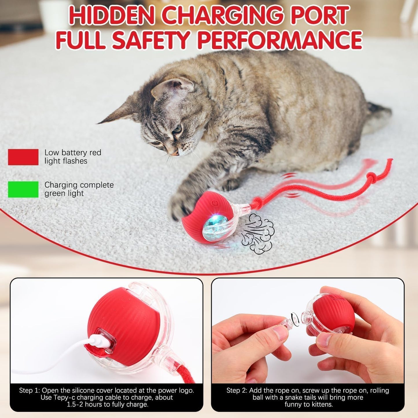 Automatic Interactive Rolling Cat Toys Ball for Indoor- Rechargeable Activate Dog Pet Toy for Indoor, Self-Playing Automatic Moving Kitten Toys for Cats, Durable and Safe Material